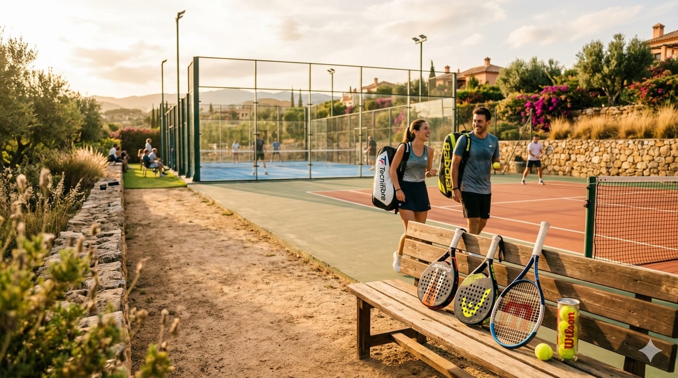 Tennis and padel equipment on a Mediterranean court at golden hour